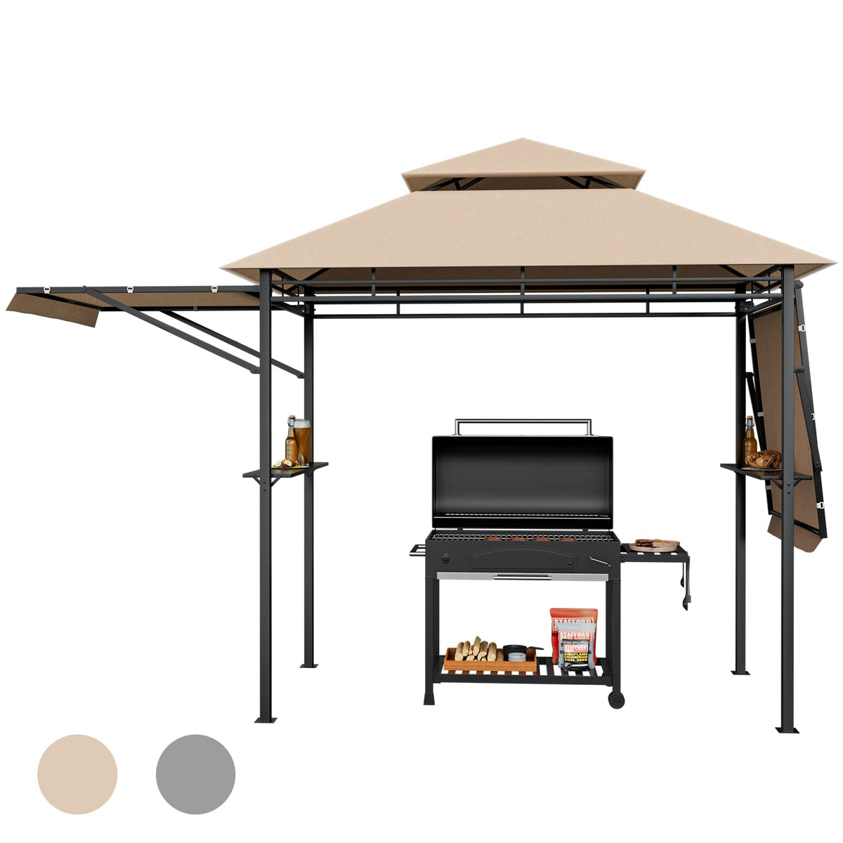 413 x 122cm Outdoor BBQ Grill Gazebo W/Dual Side Awnings, 2 Side Shelves, 8 Stakes Double-Tiered