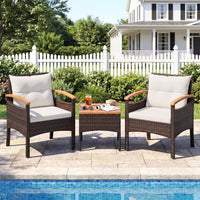 3-Piece Wicker Bistro Set with Acacia Table & Armchairs and Cushions for Backyard