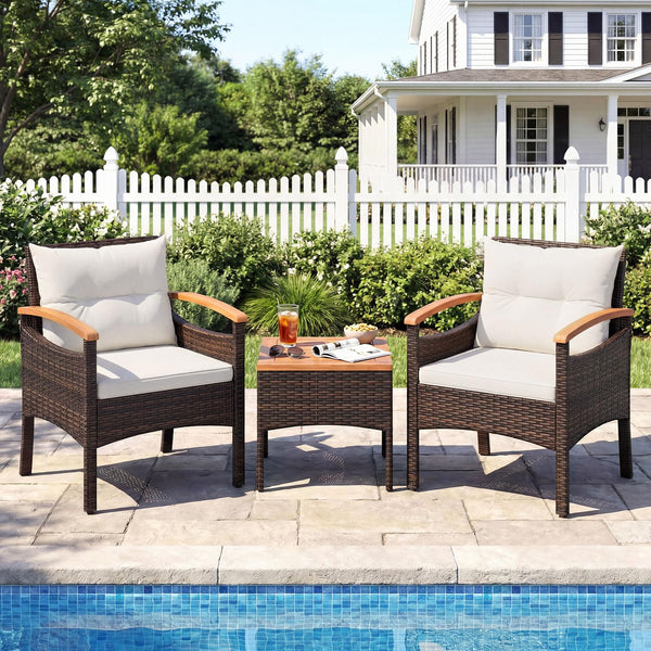 3-Piece Wicker Bistro Set with Acacia Table & Armchairs and Cushions for Backyard