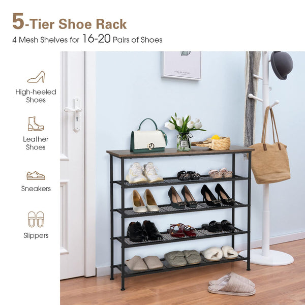 Giantex 5-Tier Shoe Rack, Industrial Shoe Organizer with Wooden Top, Flat Mesh Shelves, Sturdy Steel Frame & Adjustable Feet , Rustic Brown