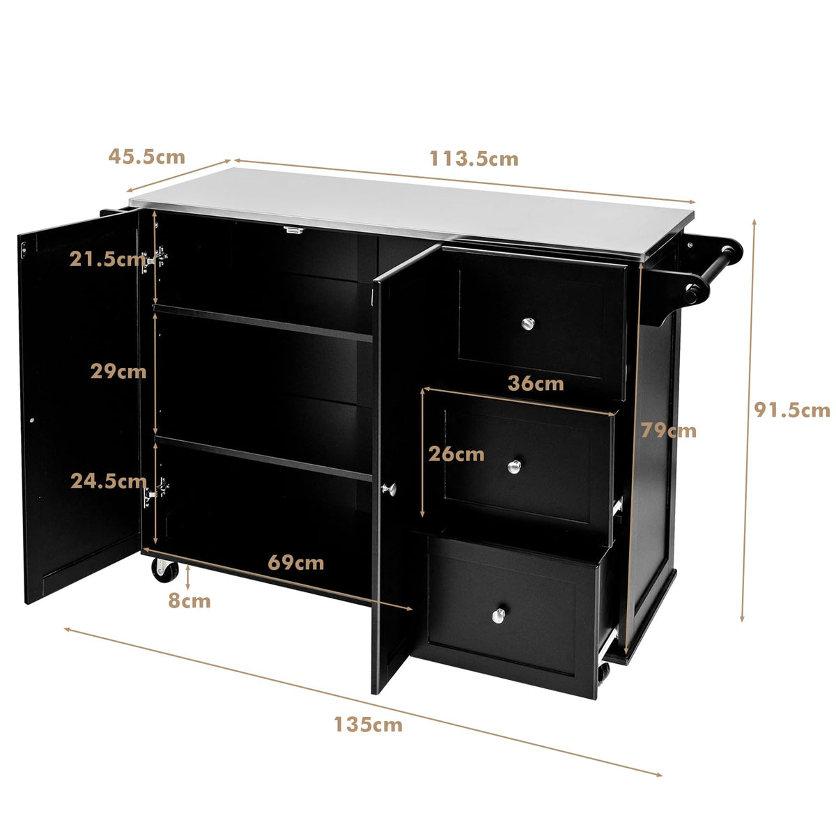 Giantex Kitchen Rolling Cart, Mobile Serving Cart, Kitchen Island Cart w/Stainless Steel Countertop