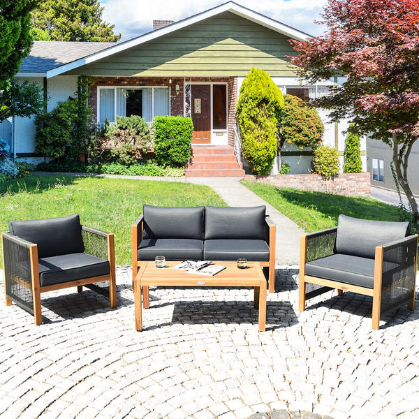 4 Pieces Acacia Wood Patio Conversation Set with Armrest