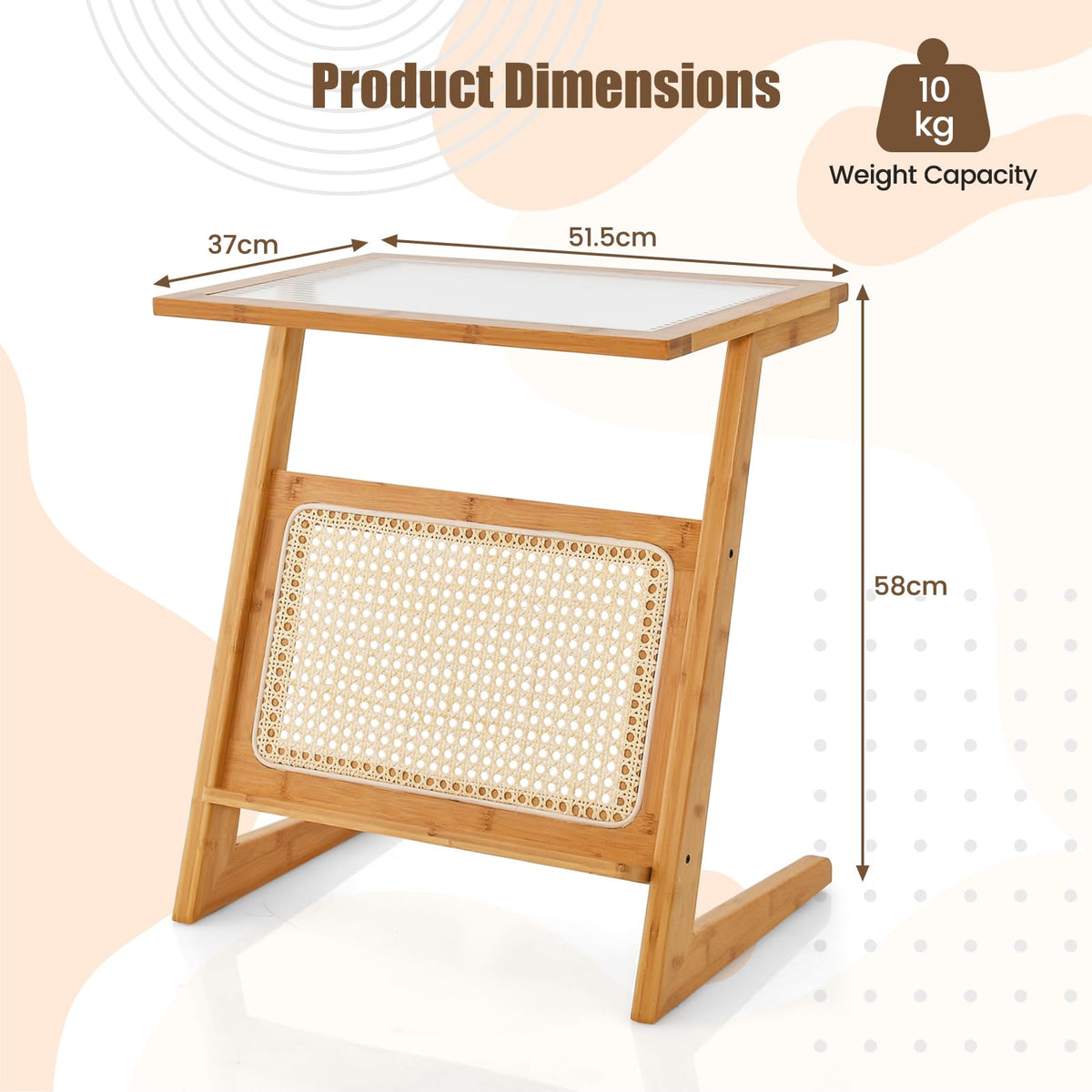 Giantex Z-Shaped End Table w/Magazine Rack, Glass Top Bamboo Side Table