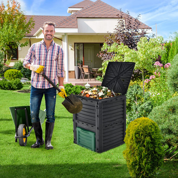 Garden Compost Bin, 80-Gallon/300L Outdoor Composter W/Large Openable Lid & Bottom Exit Door
