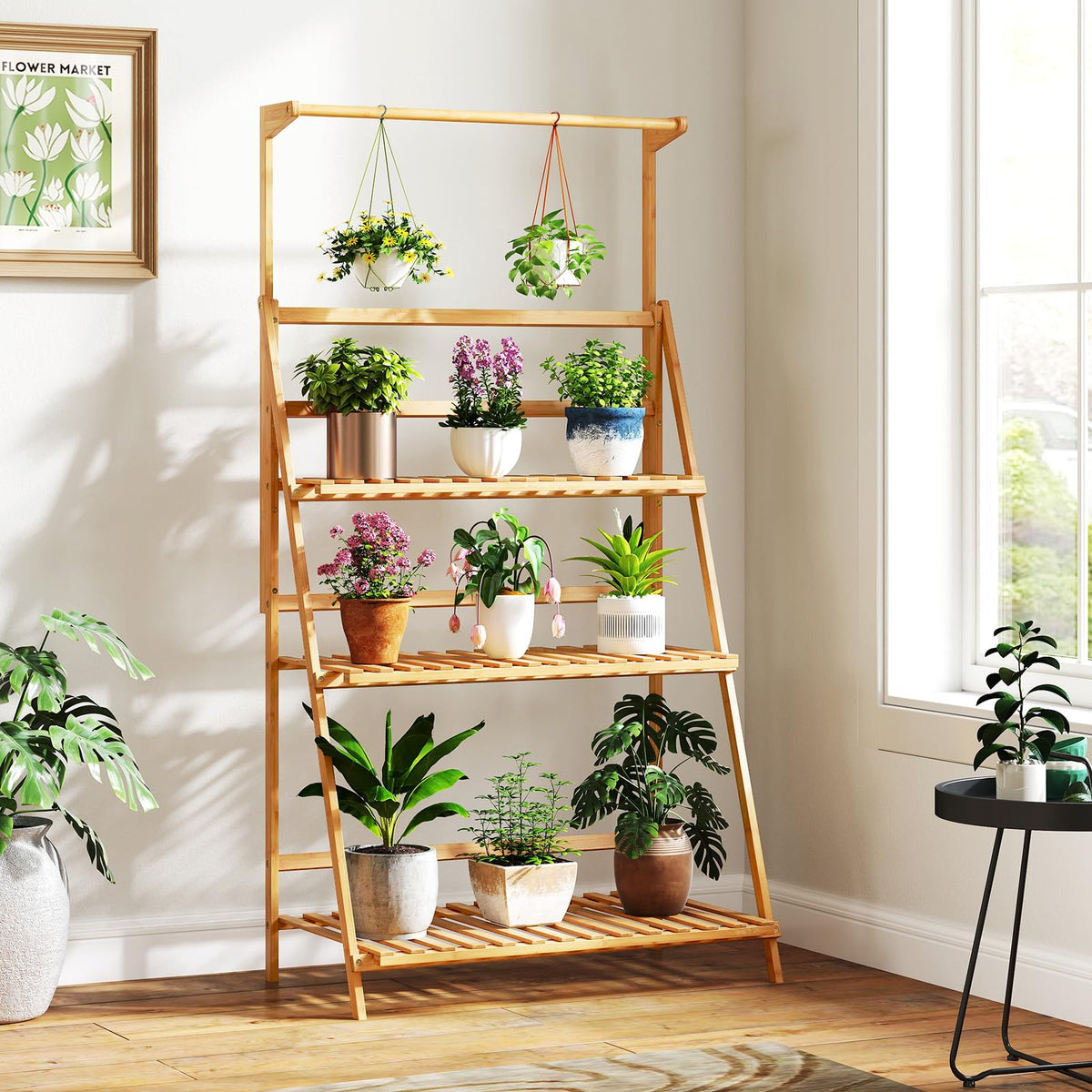 3 Tier Bamboo Ladder Plant Pot Stand with Height Adjustable Hanger Rod