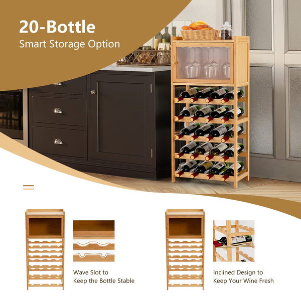 Giantex 20-Bottle Bamboo Wine Rack Cabinet, Freestanding Wine Display Cupboard Shelf w/ Bottle Organizer, Natural