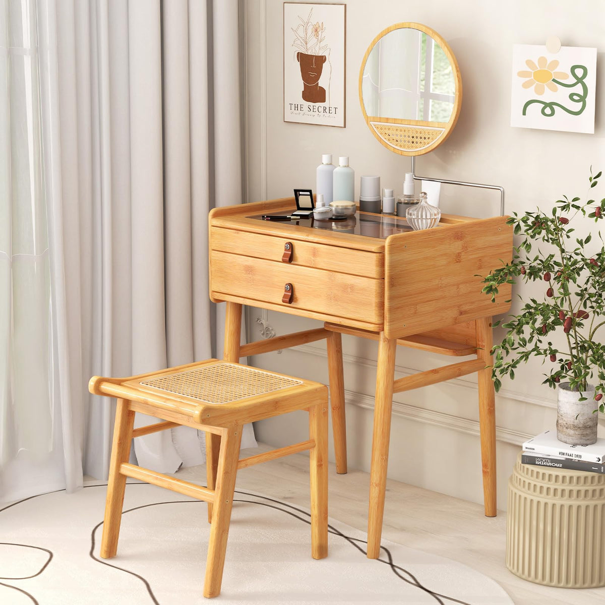 Giantex Bamboo Vanity Set, Makeup Desk with Stool