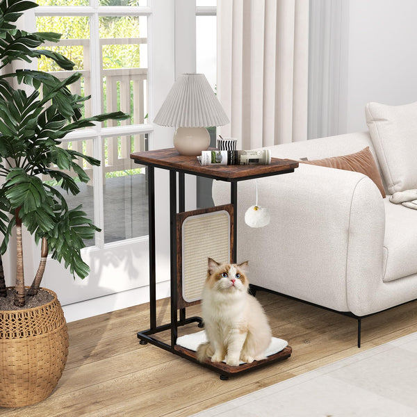 Cat Tree & End Table, C-Shaped Cat Side Table w/Scratching Board