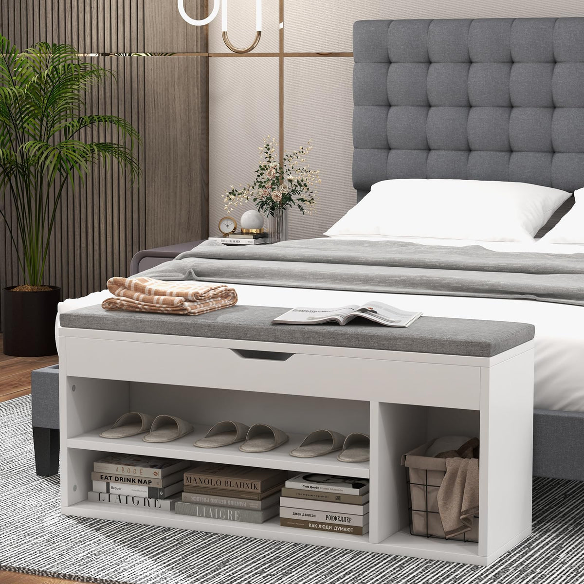 Shoe Bench with 3 Open Shelves and 1 Closed Shelf for Living Room