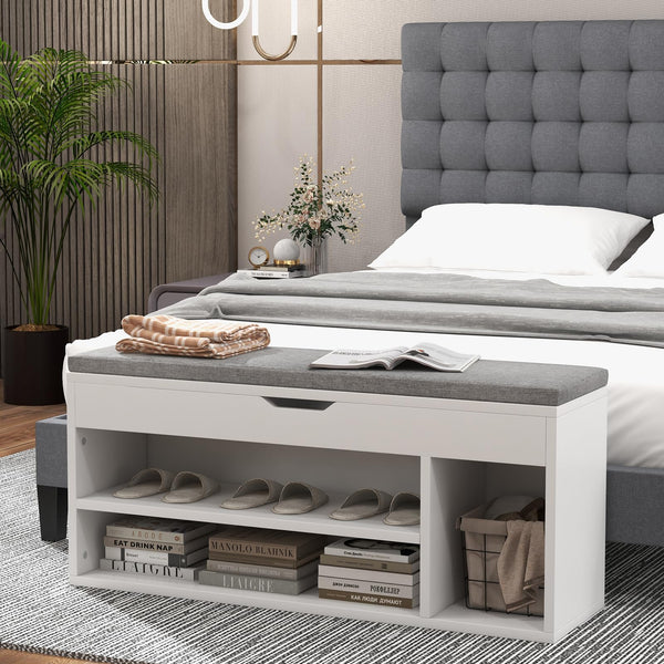 Shoe Bench with 3 Open Shelves and 1 Closed Shelf for Living Room