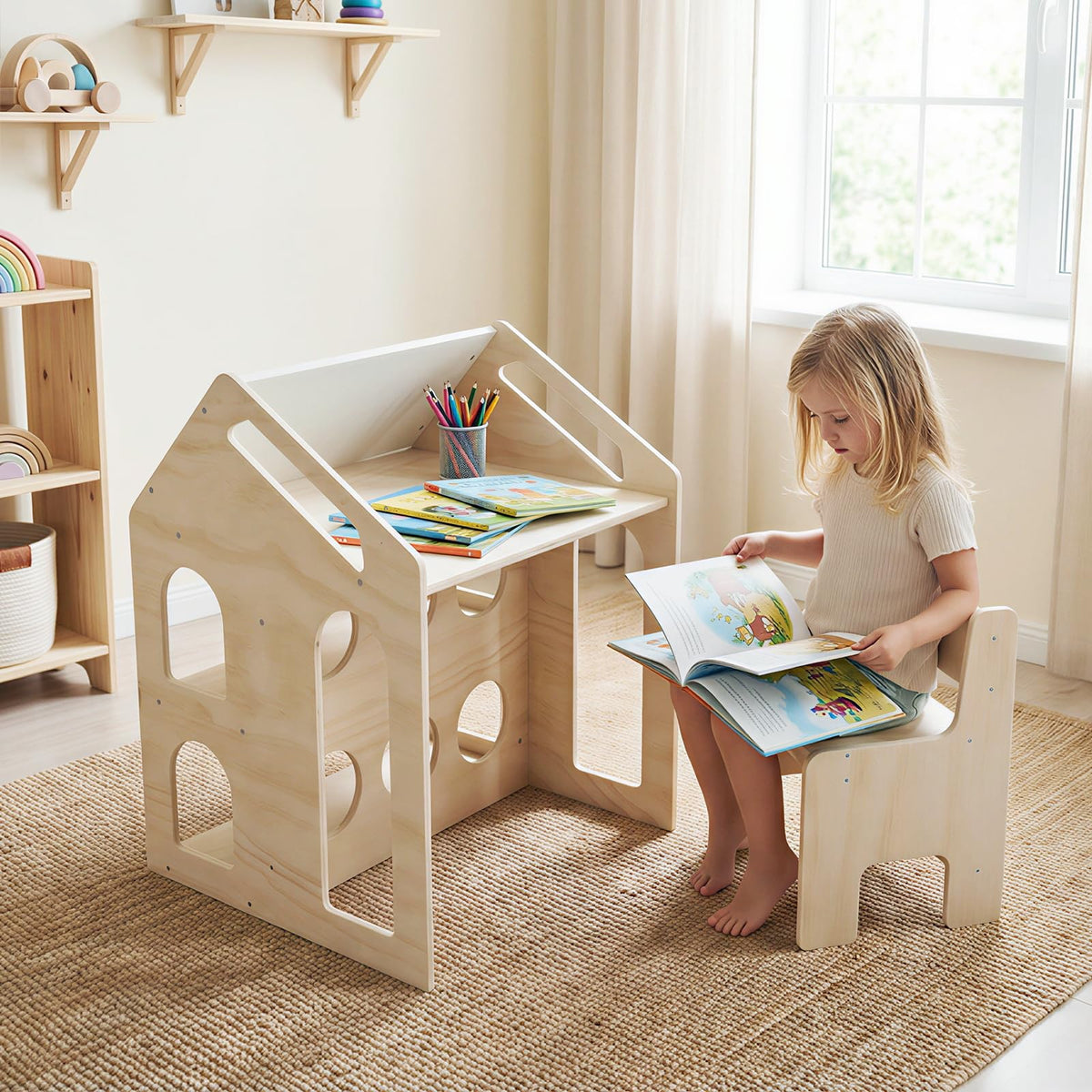 3-in-1 Toddler Art Table Set with 2 Bookshelves and Chalkboard for Painting and Crafting