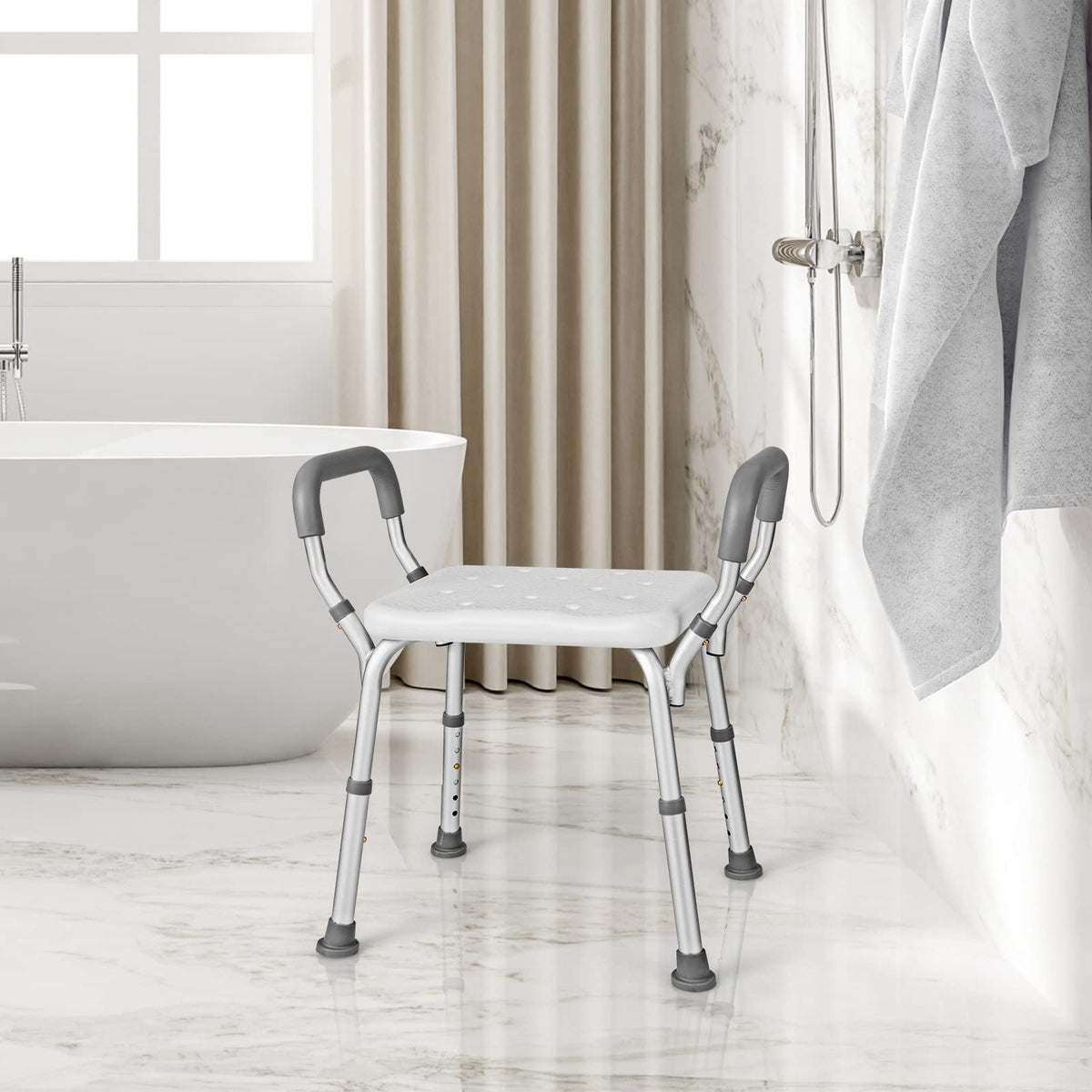 Bath Chair Shower Bench w/Detachable Padded Arms, Anti-Slip Rubber Feet