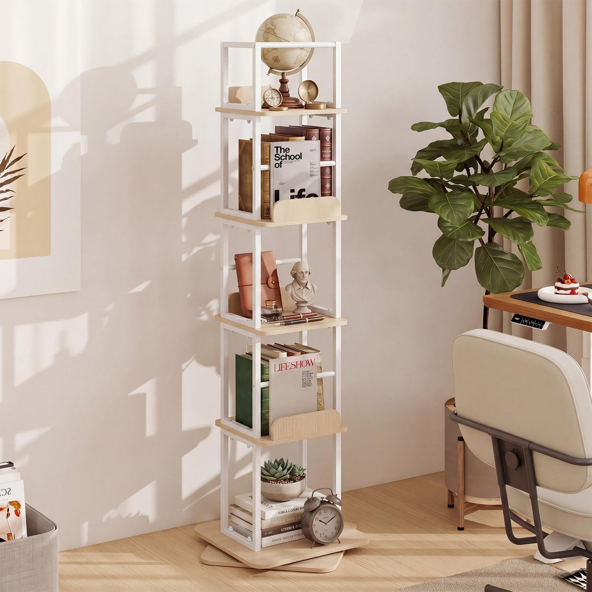 5-Tier Rotating Bookshelf Tower with 360° Spinning Design