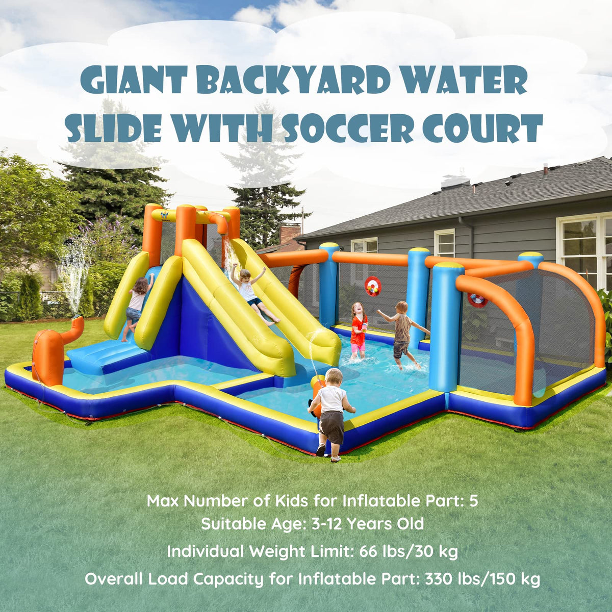 Inflatable Water Slide, 7-in-1 Long Slide Giant Water Park Wet Dry Combo with Water Soccer Splash Pool (with 680W Blower)