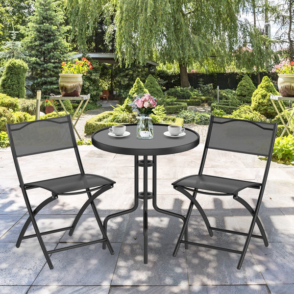 3-Piece Patio Bistro Set, Outdoor Bistro Table Set with Round Black Tempered Glass Tabletop and 2 Folding Chairs