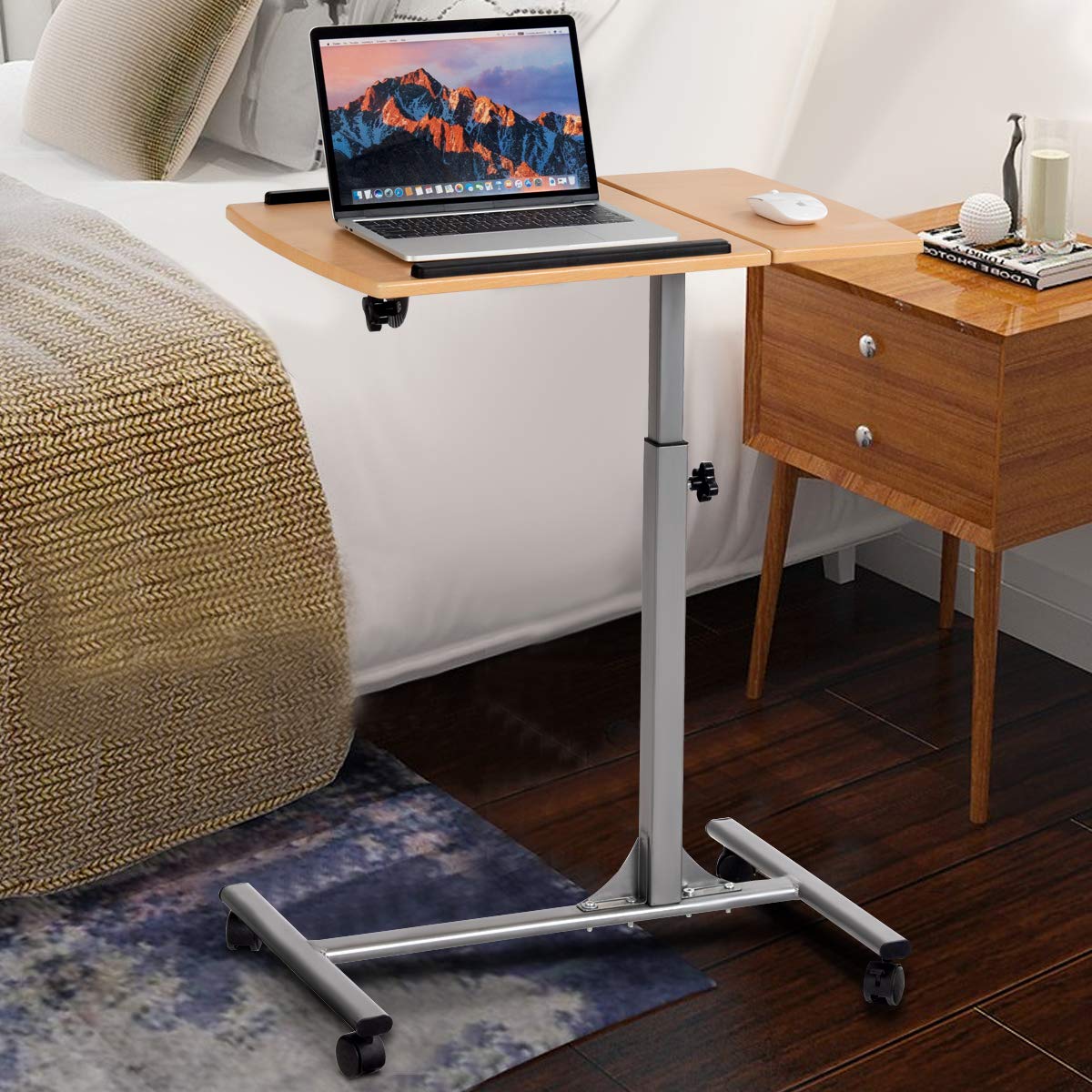 Mobile Laptop Desk, Angle & Height Adjustable Wooden Over Bed Table, Rolling Mobile Stand Desk w/ Lockable Casters