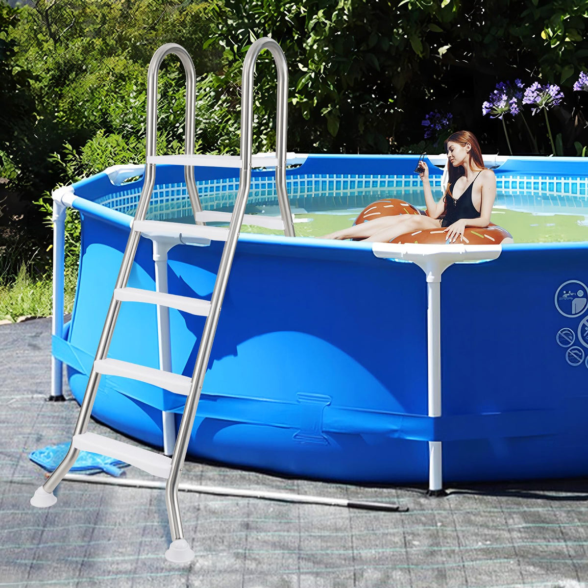 192 cm Above Ground Pool Ladder A-Frame Swimming Pool Ladder with Top Platform