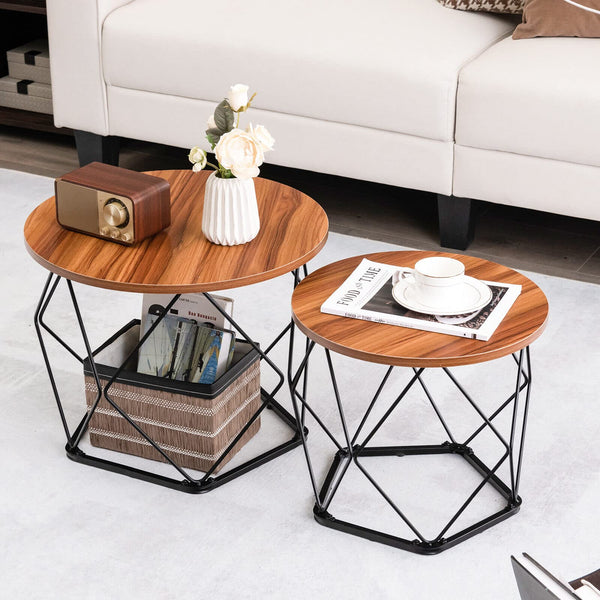 Giantex Nesting Coffee Table, Circle Side End Table w/Pentagonal Steel Base & EVA Pads, Rustic Brown
