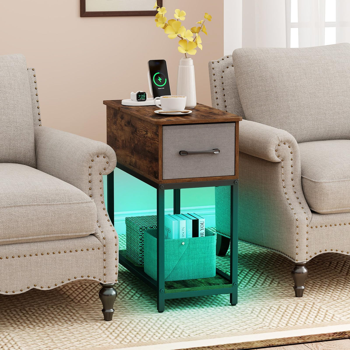 Narrow Side Table with Charging Station and LED Lights for Small Spaces and Living Room