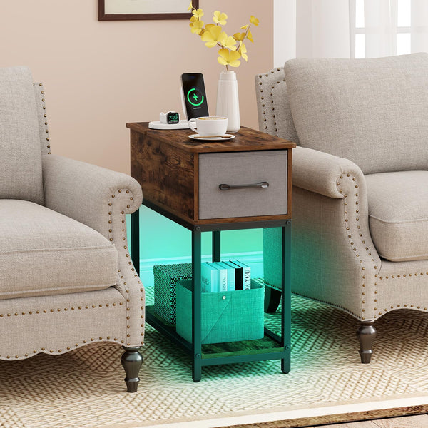 Narrow Side Table with Charging Station and LED Lights for Small Spaces and Living Room