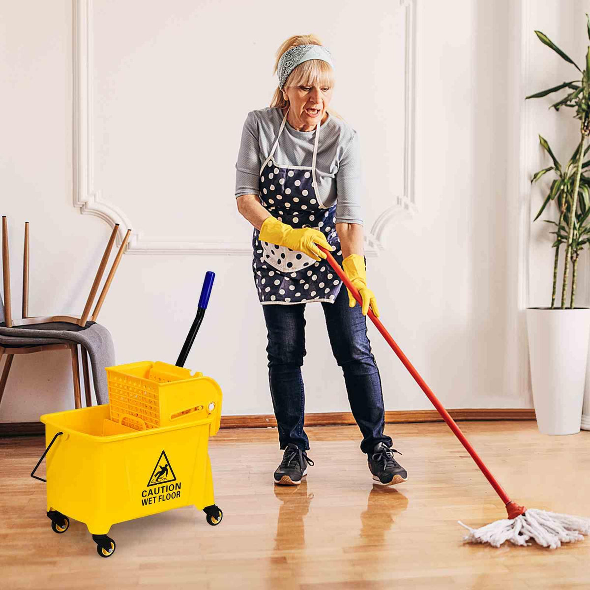 Mop Bucket w/ Down Press Wringer, 20L Commercial Cleaning Bucket w/ Wheels & Carrying Handle