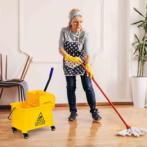 Mop Bucket w/ Down Press Wringer, 20L Commercial Cleaning Bucket w/ Wheels & Carrying Handle