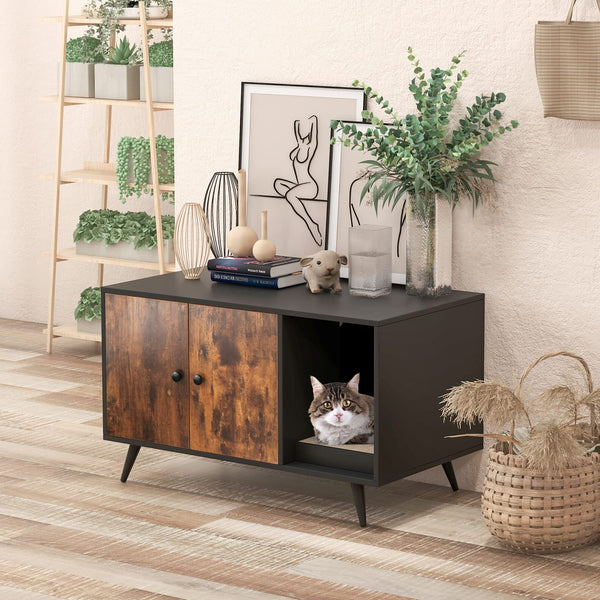 Wooden Cat Litter Box Enclosure, Hidden Cat Box Cabinet Furniture w/Doors, Removable Scratch Box