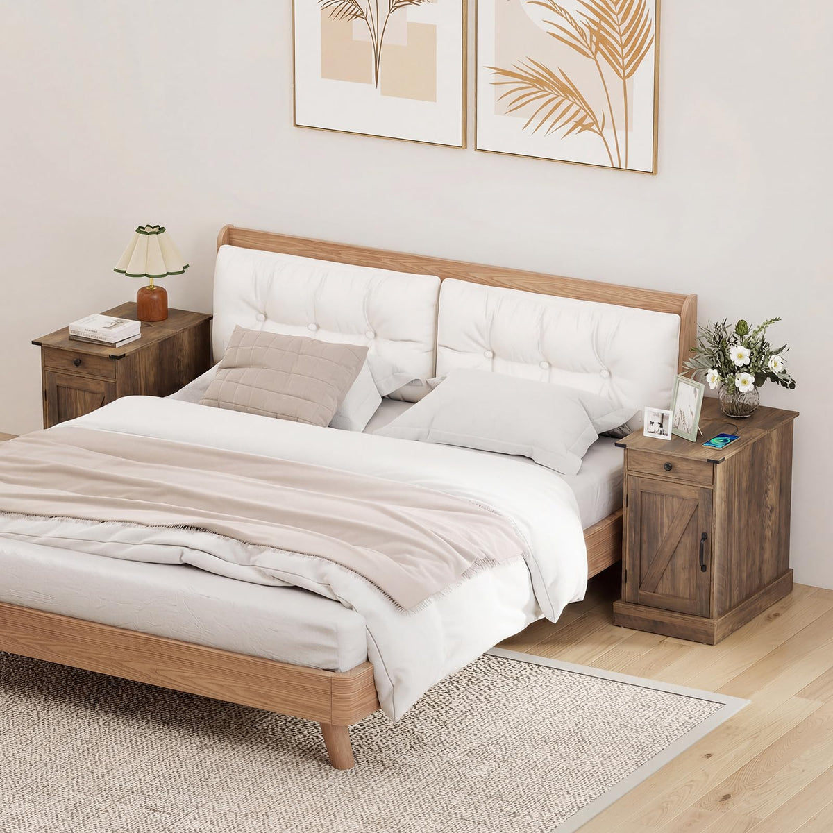 Giantex End Table with Charging Station, Farmhouse Bedside Table w/Storage Drawer