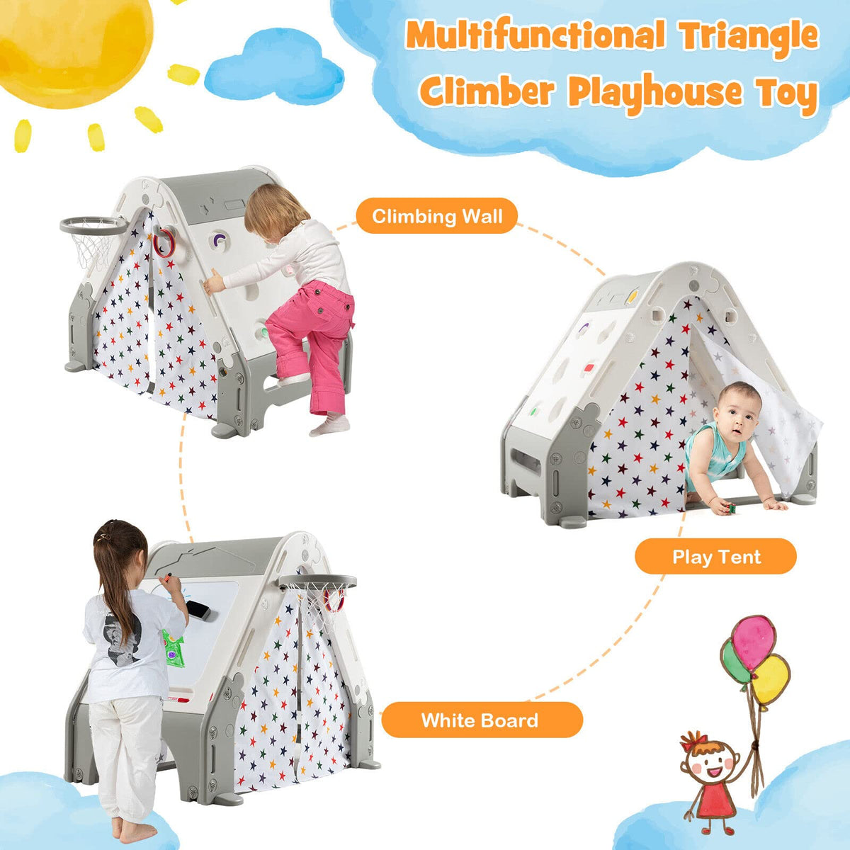 Kid's Triangle Climber with Tent Cover & White Board & Basketball Hoop & Soccer Gate