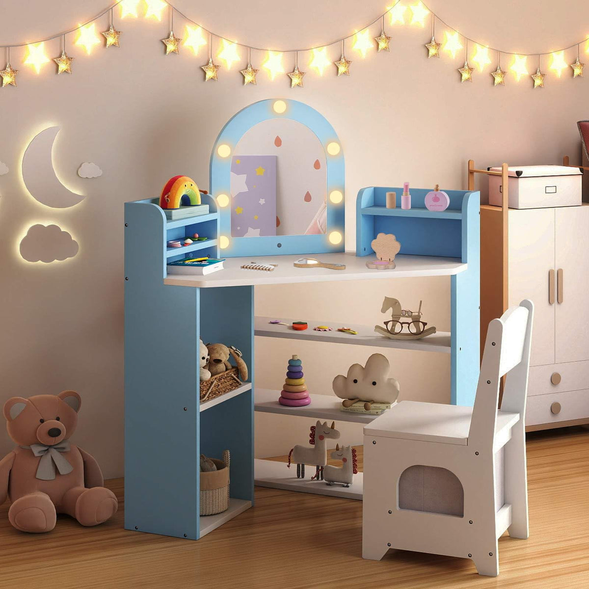 Corner Kids Vanity with Lights and 3 Storage