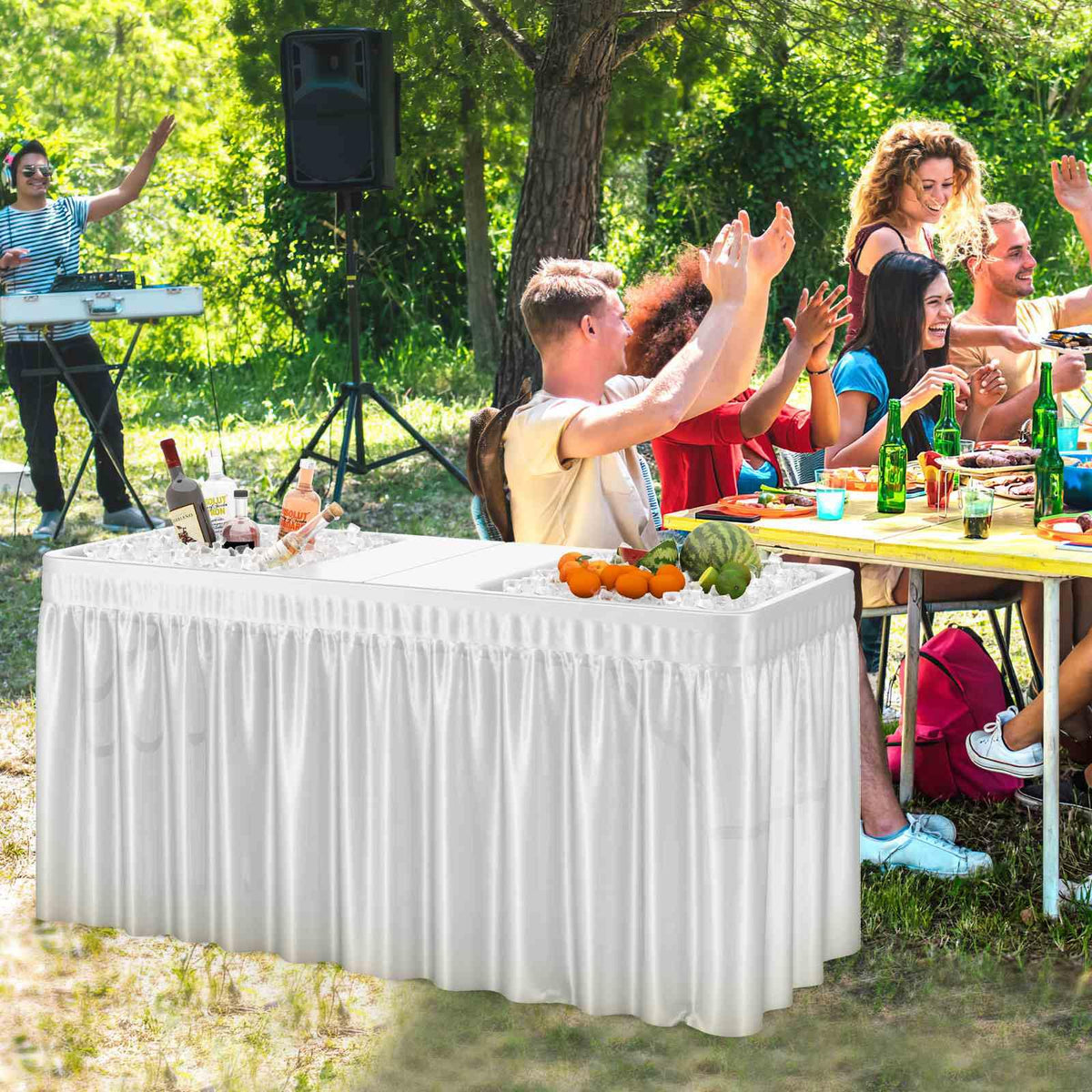 1.5M Folding Ice Cooler Table, Outdoor Chilling Table w/Double Sinks