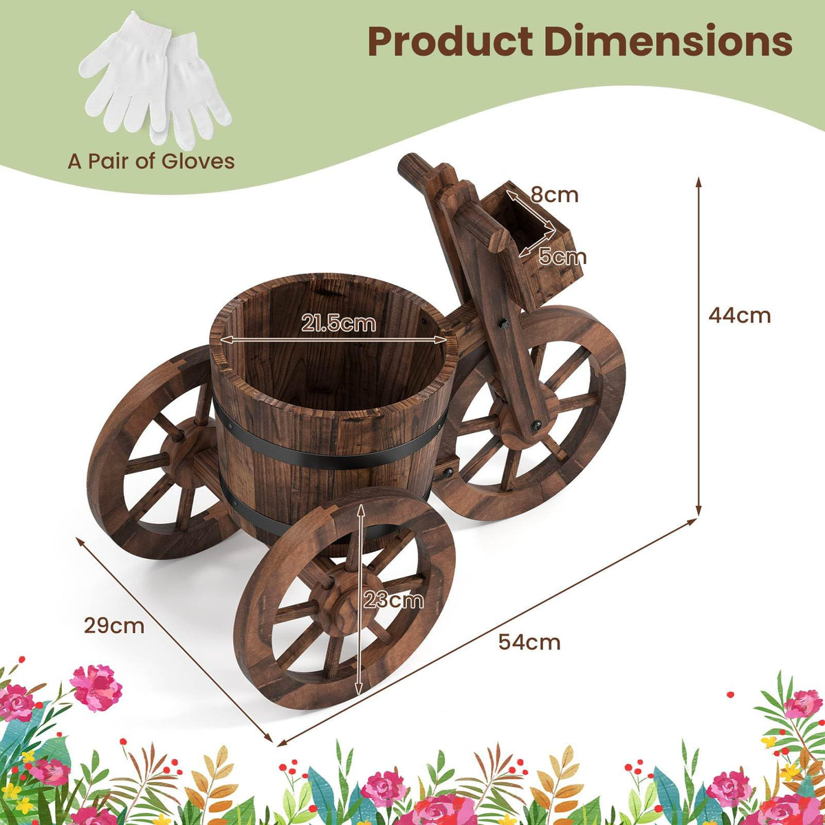 Wood Tricycle Flower Cart Planter with Drainage Hole and Storage Box