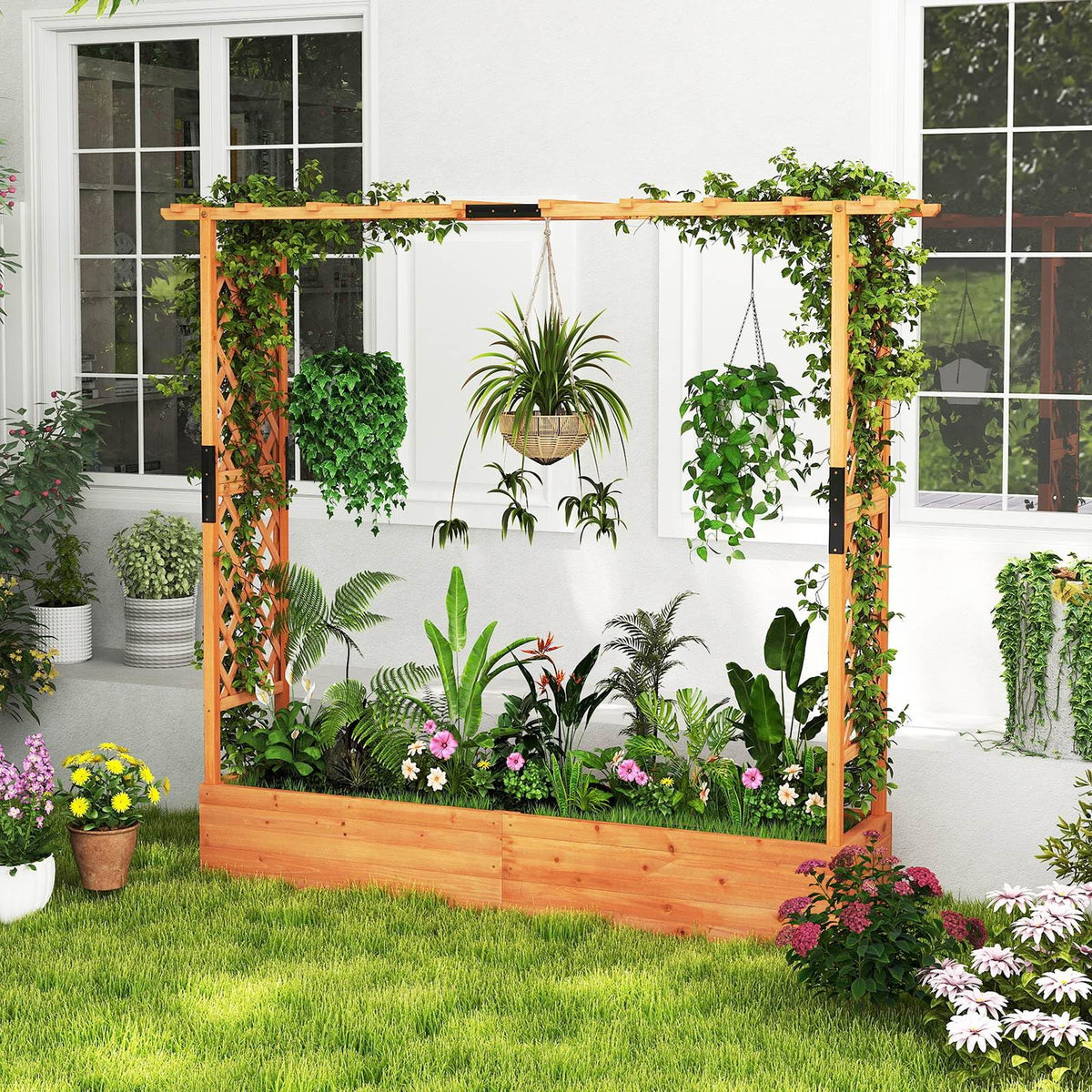 Raised Garden Bed with 2-Sided Trellis & Hanging Roof, Fir Wood Planter Box