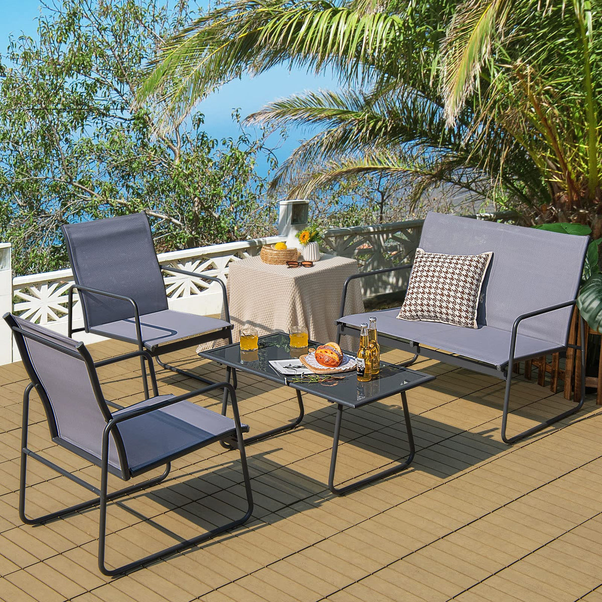 4 Piece Garden Patio Bistro Furniture Set with Loveseat, Coffee Table and 2 Chairs