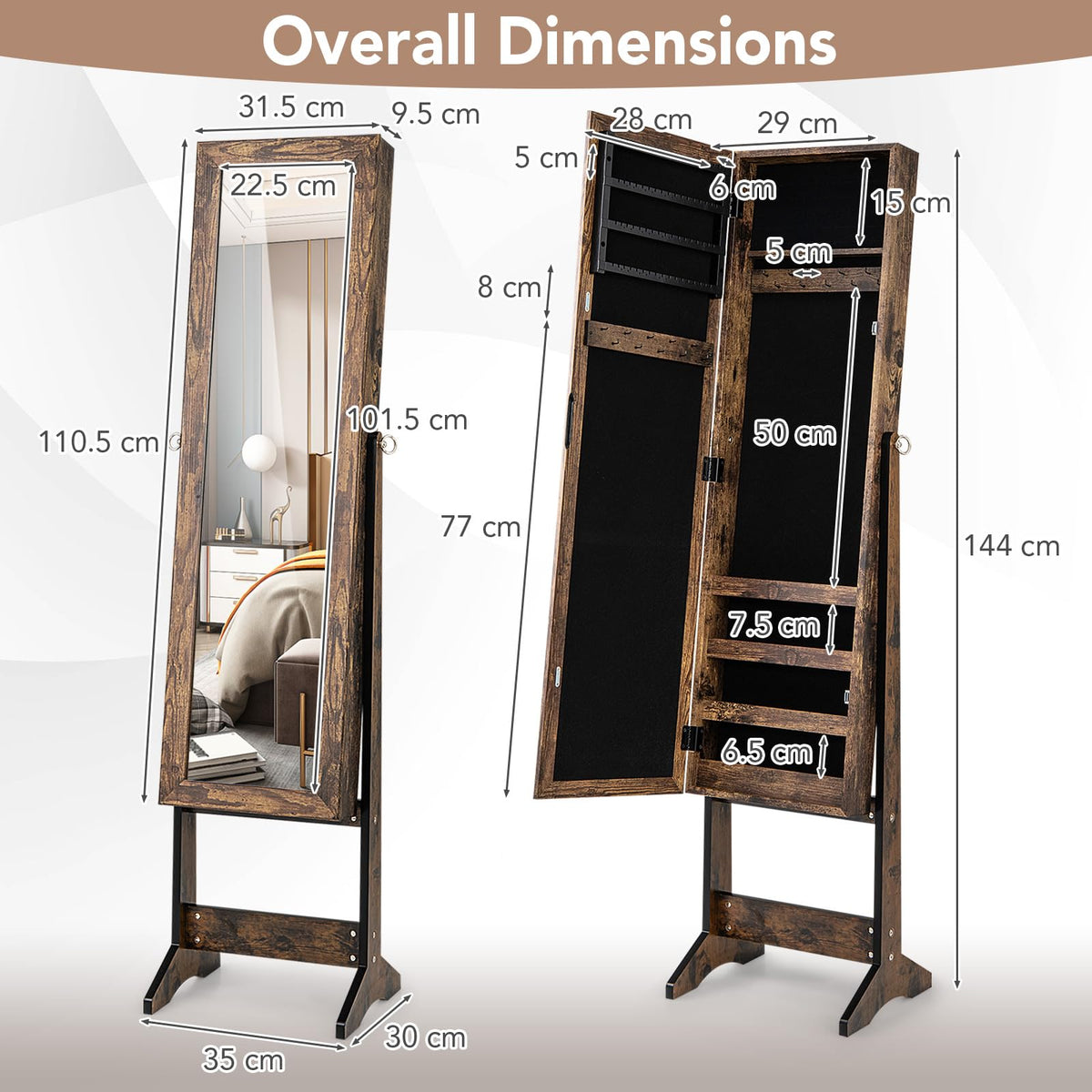 Mirror Jewelry Cabinet Standing with 4 Shelves and 3 Adjustable Tilt Angles