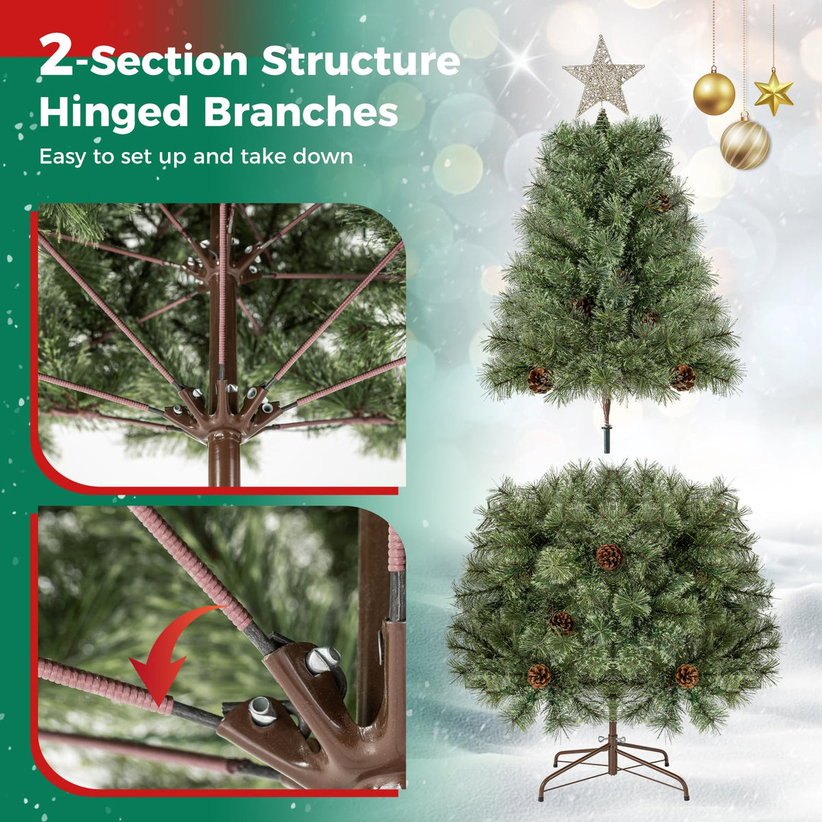 150/180cm Artificial Christmas Tree, Hinged, Pre-Lit