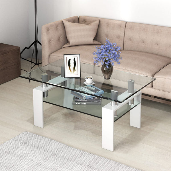 Giantex Rectangular Glass Coffee Table, Modern Coffee Table w/Lower Shelf, Lager Storage Space Tempered Glass Tabletop