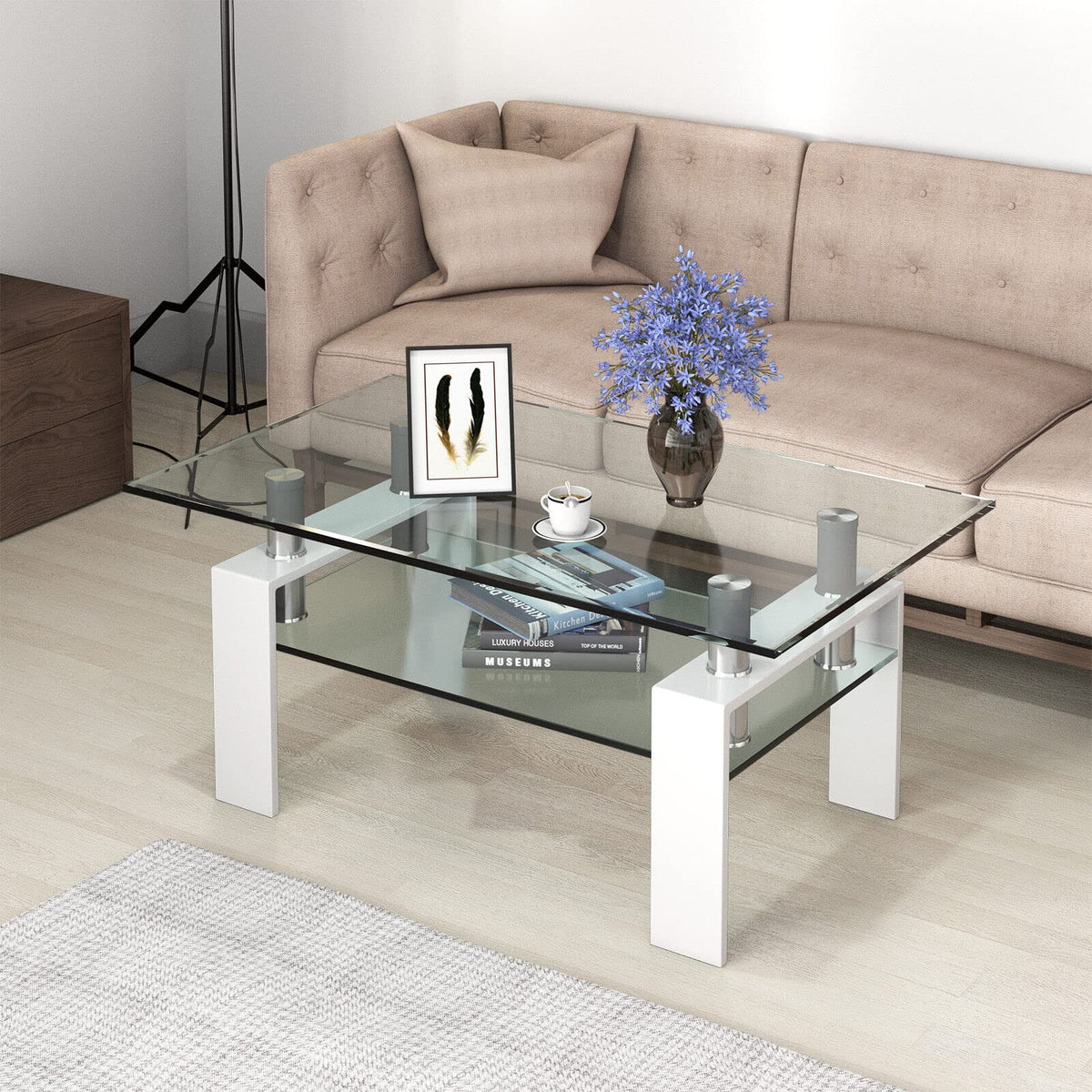 Giantex Rectangular Glass Coffee Table, Modern Coffee Table w/Lower Shelf, Lager Storage Space Tempered Glass Tabletop