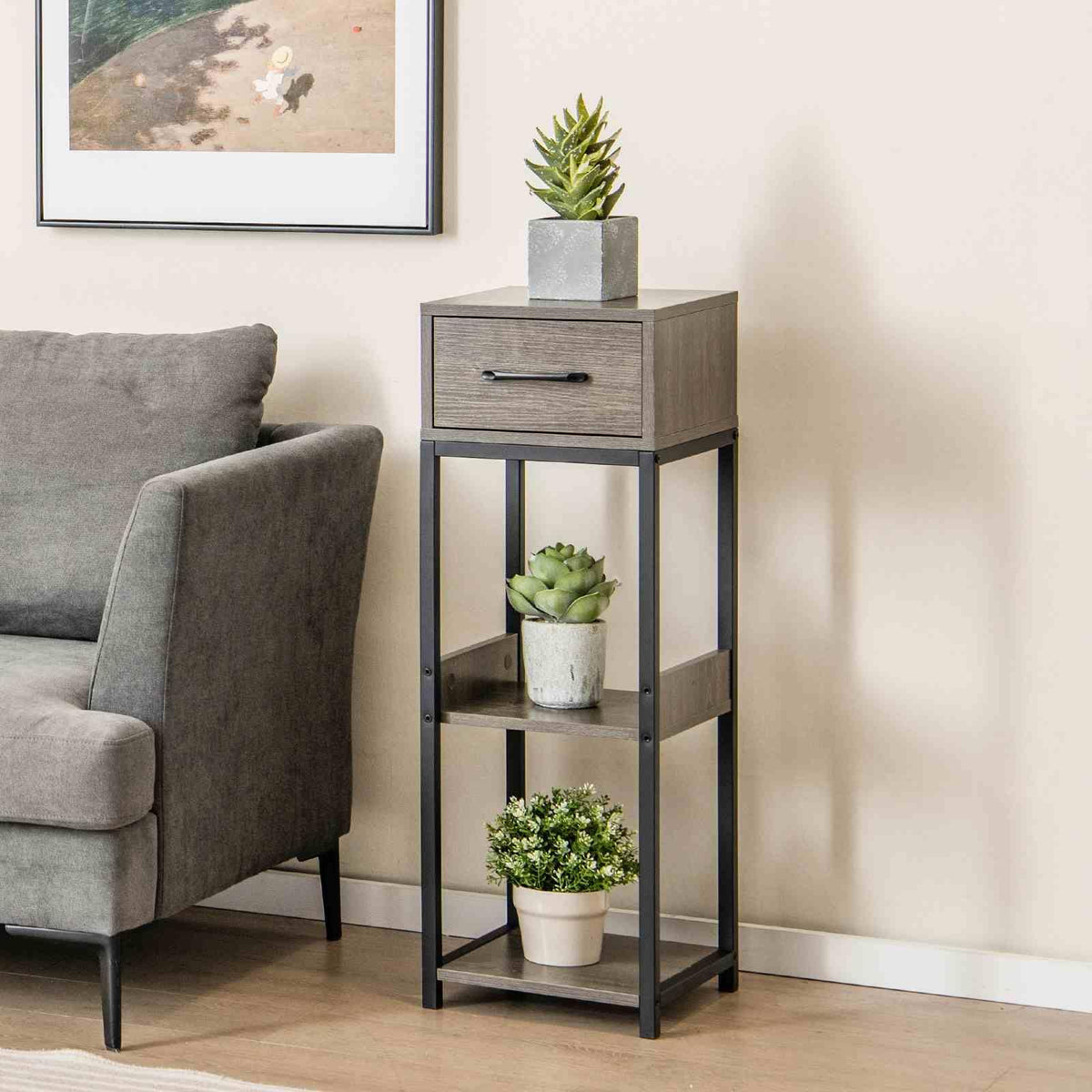 3 Tier Indoor Tall Plant Stand, Metal Plant Table with Drawer, Anti-Tipping Devices