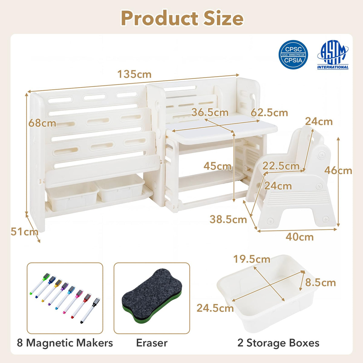 Kids Desk and Chair Set, Children Writing Desk with Side Bookshelves & Storage Baskets