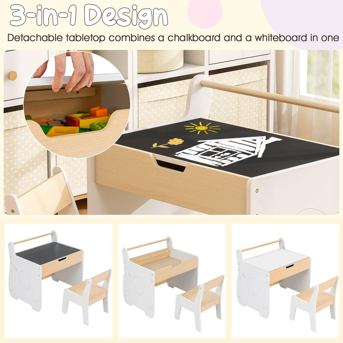 3 in 1 Kids Wood Table and Chair Set