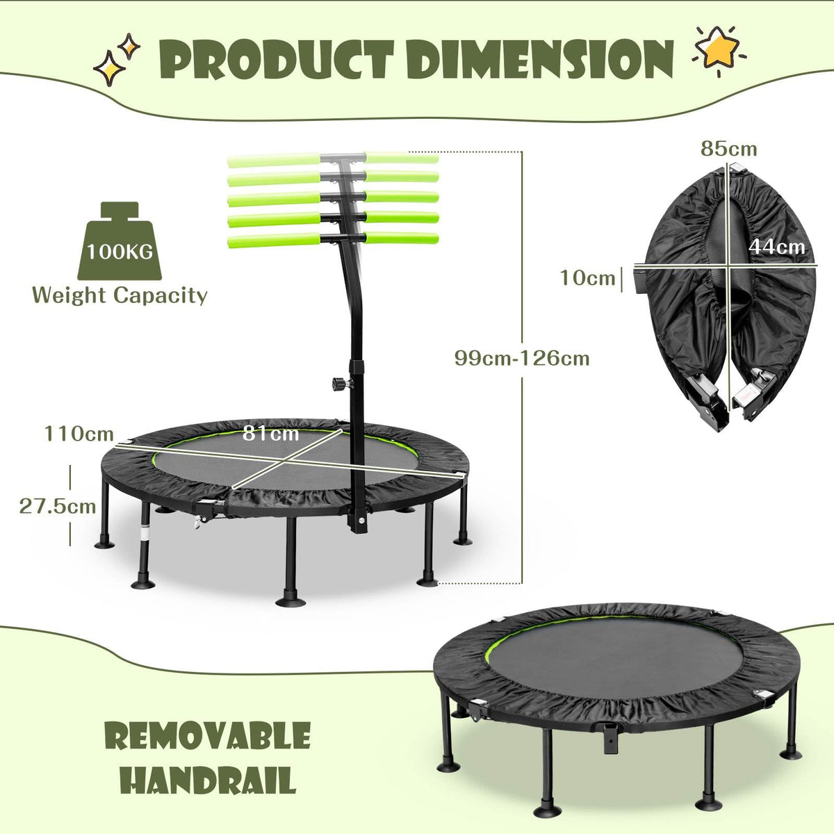 Foldable Mini Trampoline with Height Adjustable Handrail for Kids Adults