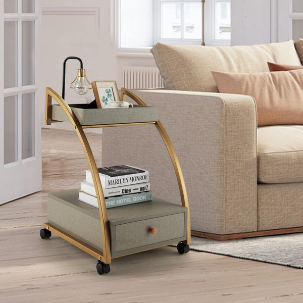 Giantex Rolling Side Table, 2-Tier End Table w/Drawer, C-Shaped Sofa Side Table, Grey & Gold