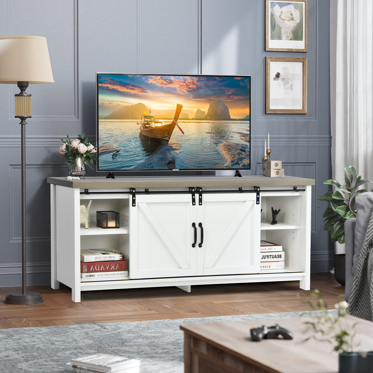 Giantex TV Stand for 65” Television, 2 Center Compartments & 2 Cabinets, Wooden TV Cabinet