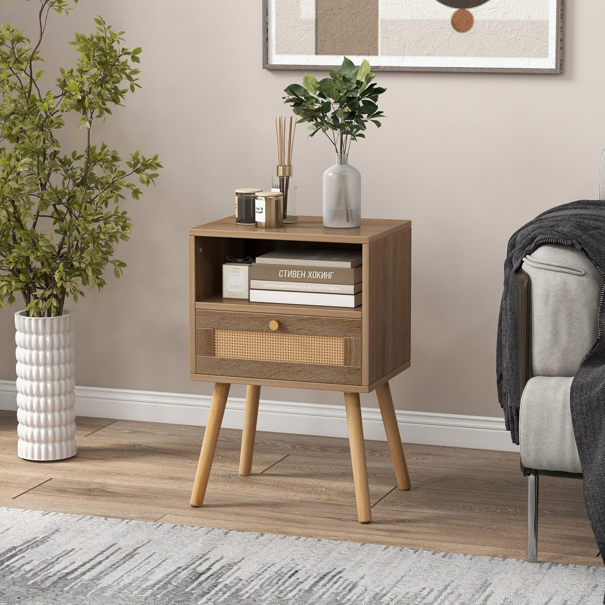 Giantex Rattan Nightstand Set of 2, Home Boho Small Side End Table