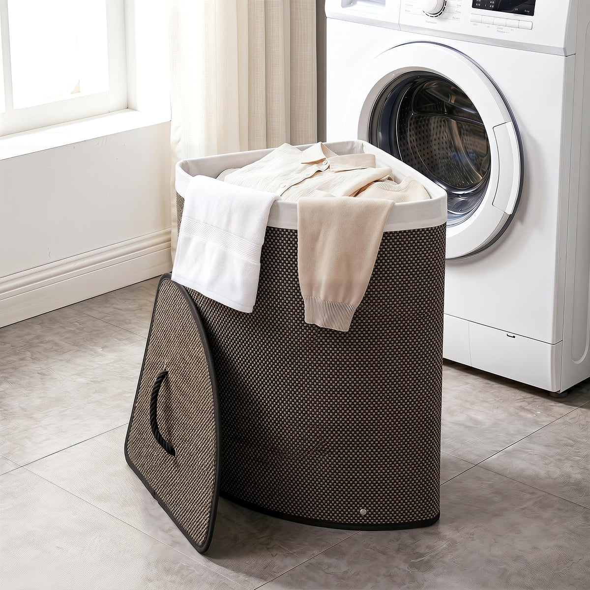 Giantex Corner Bamboo Laundry Hamper w/Lid, 57 L Capacity Clothes Hamper