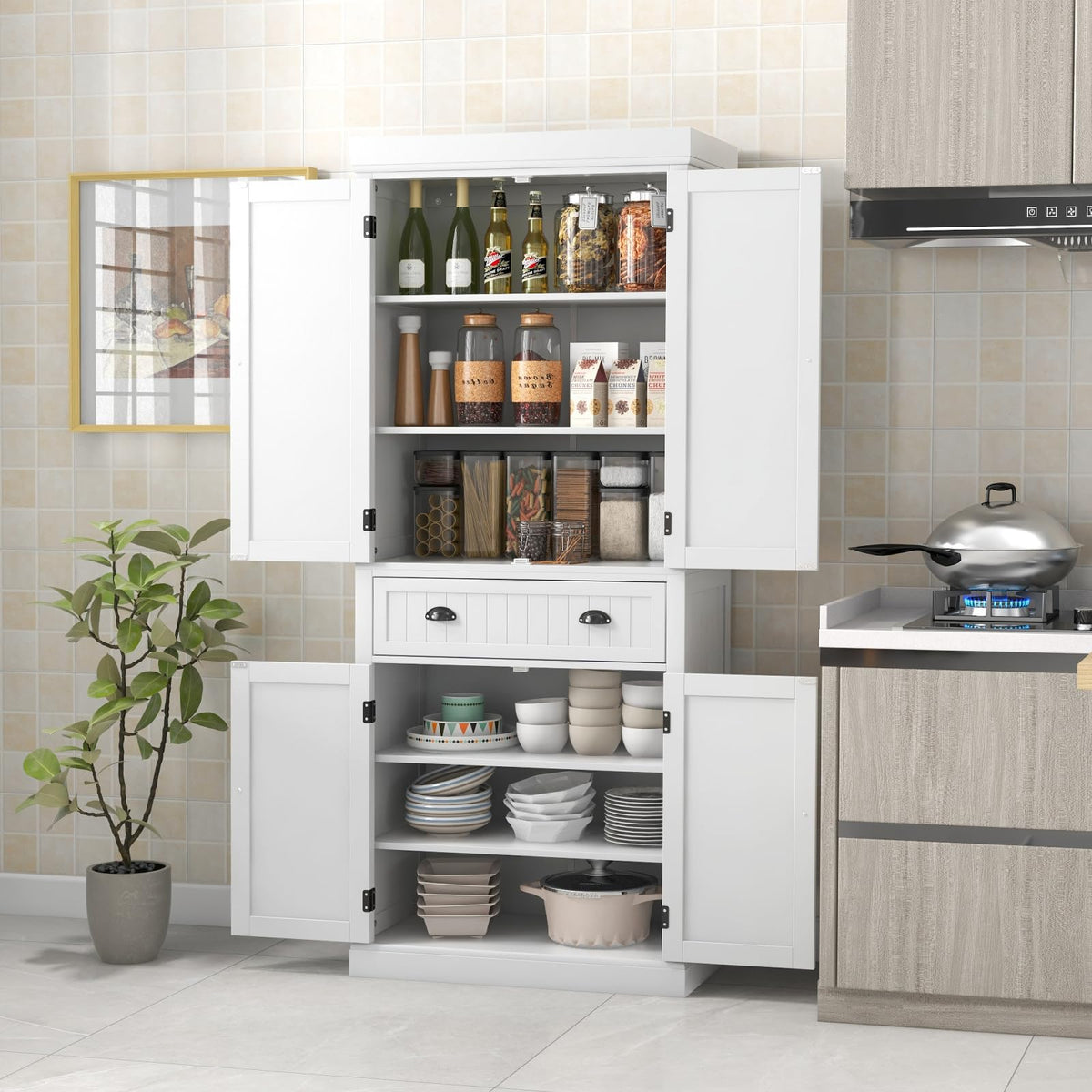 Giantex 183.5 cm Kitchen Pantry Storage Cabinet, Tall Freestanding Cupboard with 4 Doors