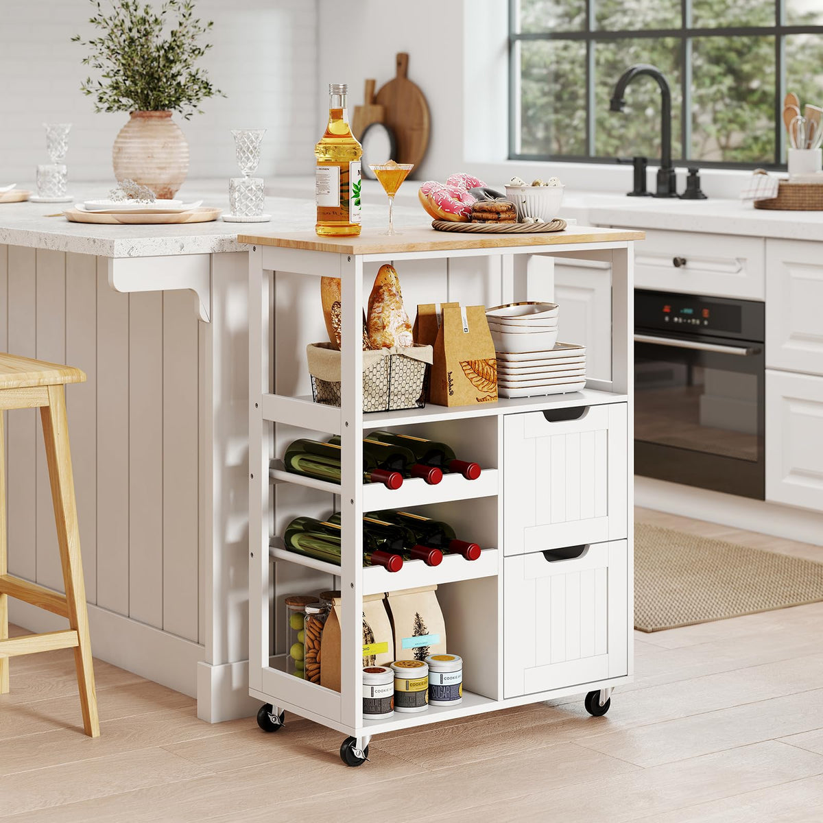 Giantex Rolling Kitchen Island Cart, Solid Rubber Wood Top Serving Trolley with 2-Tier Wine Rack