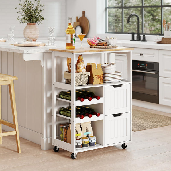 Giantex Rolling Kitchen Island Cart, Solid Rubber Wood Top Serving Trolley with 2-Tier Wine Rack