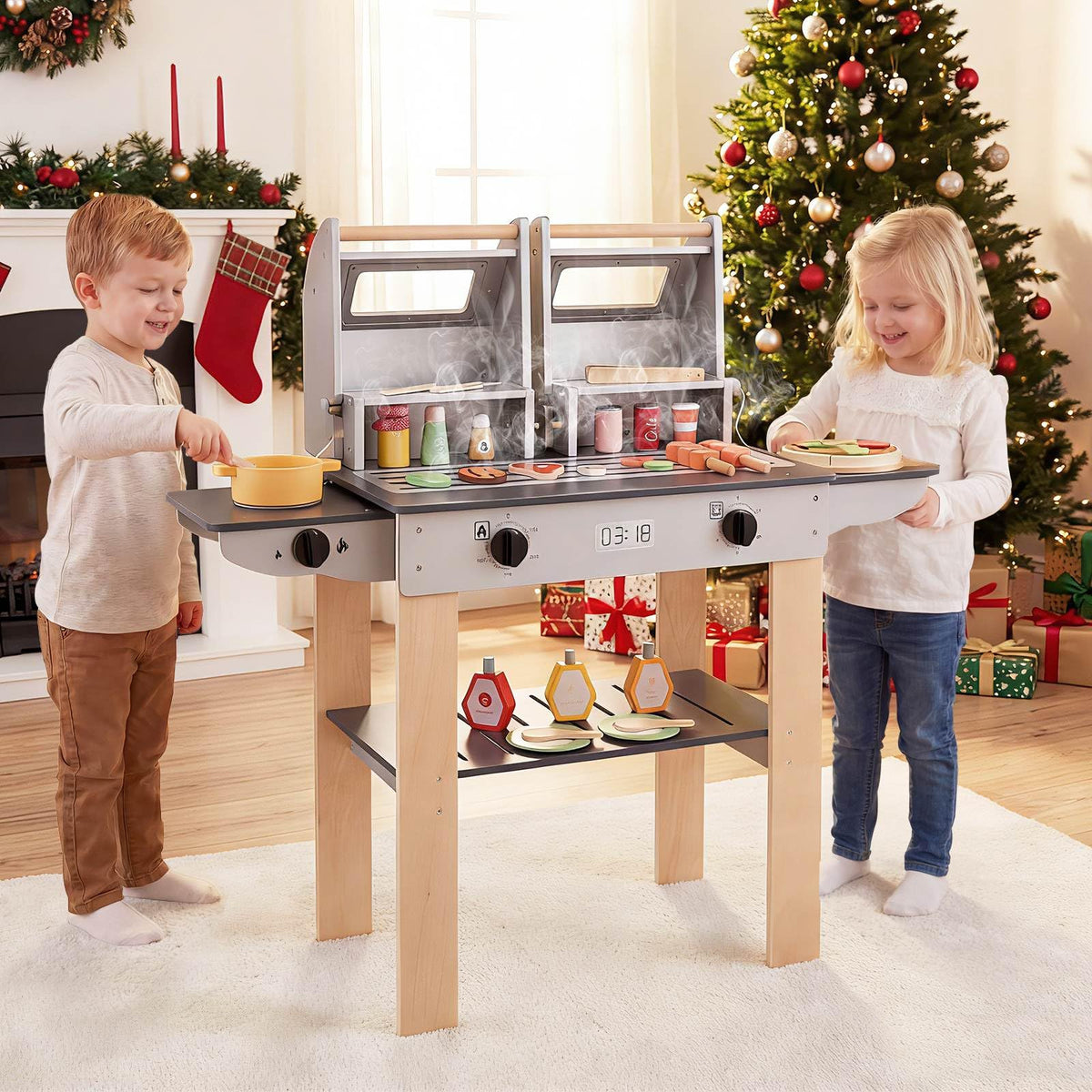 Wooden Kids Barbecue Grill Playset Kids Toy Grill with Abundant Grilling Tools and Play Foods